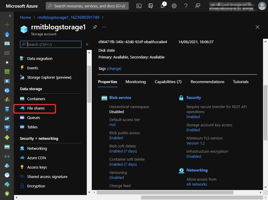 Figure 5.8 – The File shares link within the storage account