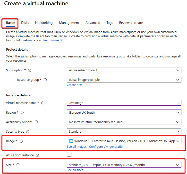 Figure 5.15 – The Basics tab within the Create a virtual machine page