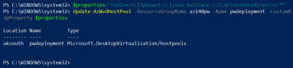 Figure 7.11 – Cmdlets for assigning multiple RDP properties using PowerShell