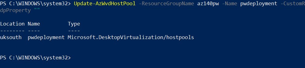 Figure 7.13 – Cmdlets for resetting the custom RDP properties with PowerShell