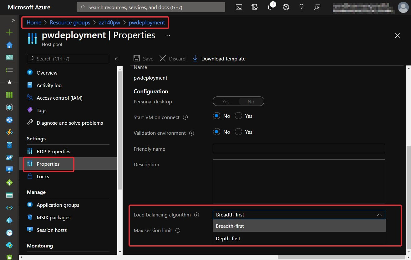 Figure 7.15 – Change the load balancing method of a host pool in the Azure portal
