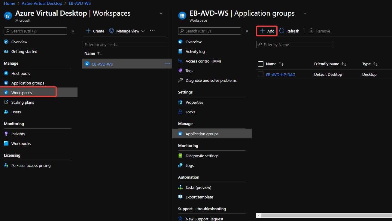 Figure 7.31 – Add an app group to a workspace in Azure Virtual Desktop