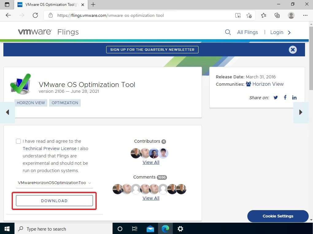 Figure 9.11 – VMware Flings download page for the Vmware OS Optimization Tool