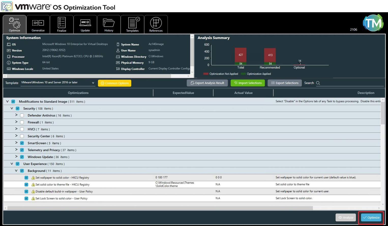 Figure 9.13 – The Analyze page of the VMware OS Optimization Tool