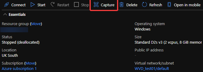 Figure 9.28 – The Capture button on the VMs page in the Azure portal

