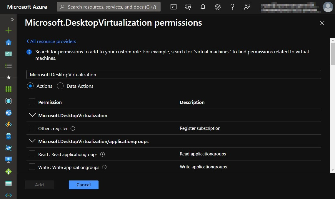 Figure 10.15 – The Microsoft.Desktopvirtualization permissions page with the add custom role