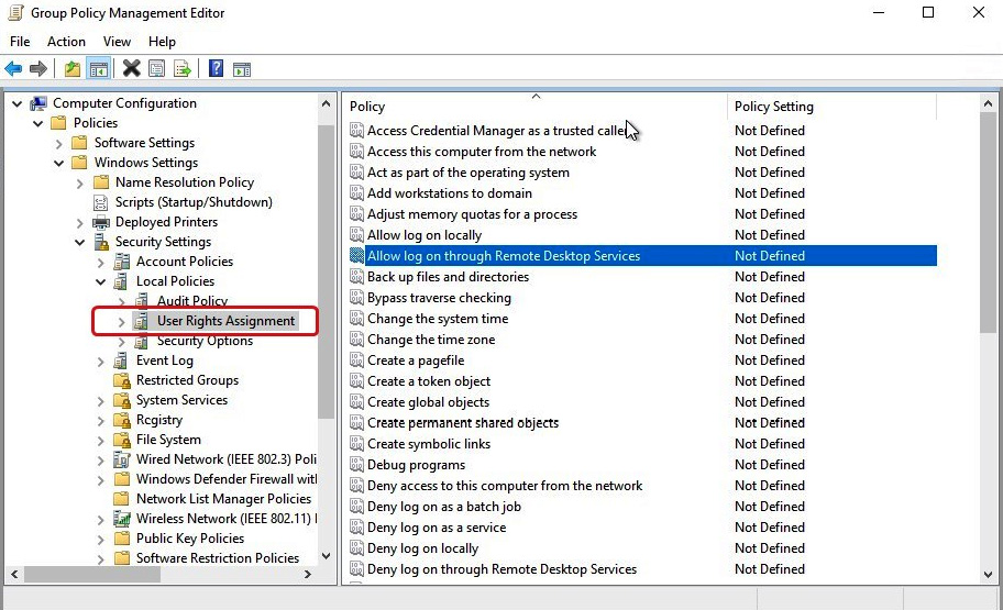Figure 10.21 – The User Rights Assignment settings you can configure within group policy