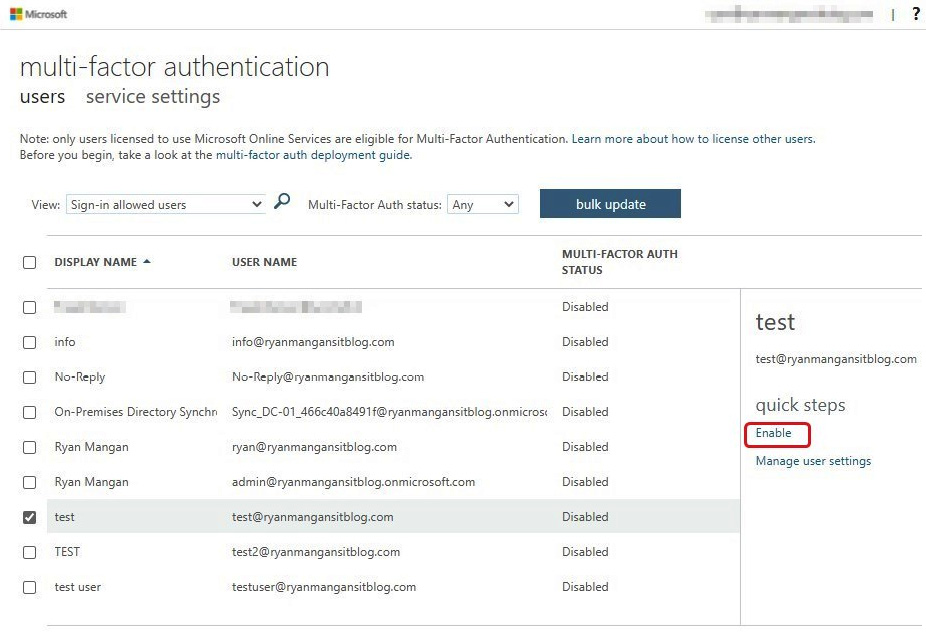 Figure 11.6 – The multi-factor authentication page for enabling MFA for users found in the Office.com portal