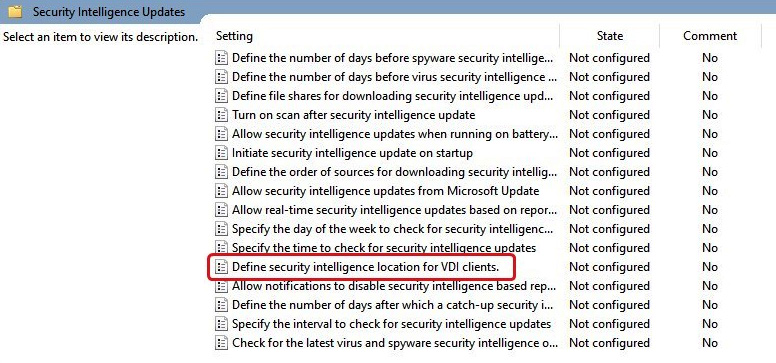 Figure 11.25 – The Define security intelligence location for VDI clients policy within the Security Intelligence Updates policy folder
