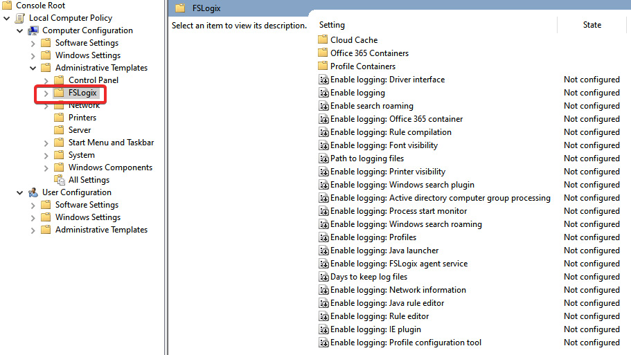 Figure 12.7 – Screenshot showing the FSLogix folder within group policy