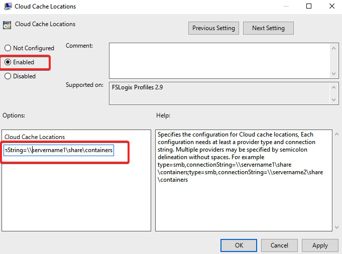 Figure 12.14 – Screenshot showing the Cloud Cache locations policy within group policy