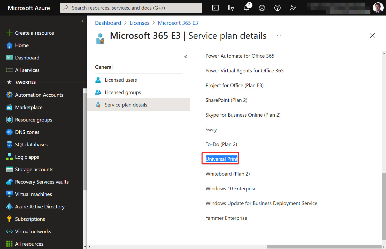 Figure 13.2 – Universal Print listed in the service plan for Microsoft 365 E3
