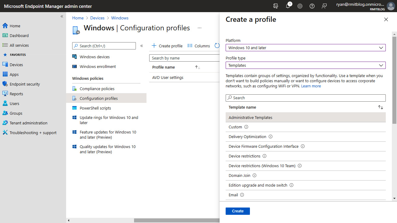 Figure 13.21 – The Create a profile blade within the Configuration profiles page