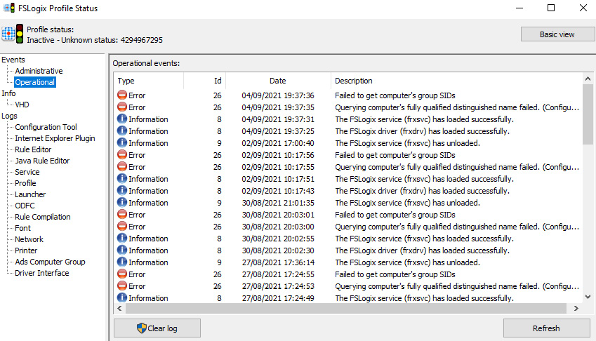 Figure 13.35 – The FSLogix Profile Status utility tool's operational events page
