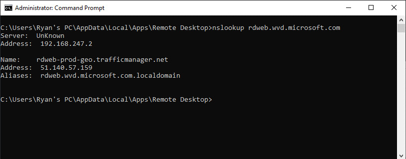 Figure 13.37 – PsPing testing DNS connectivity to the Azure Virtual Desktop Rdweb service
