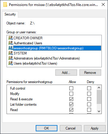 Figure 14.30 – Adding the sessionhostgroup group to grant NTFS permissions 
for the session hosts on the file share