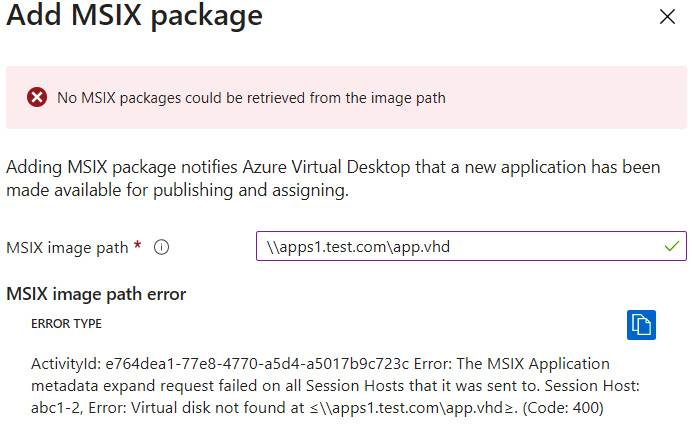 Figure 14.52 – An error relating to the session hosts not seeing the virtual disk
