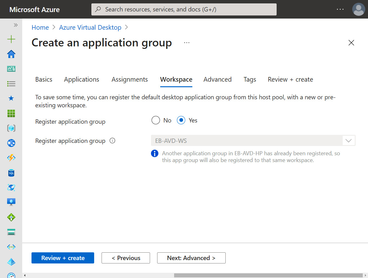 Figure 15.21 – Workspace tab within the Create an application group page