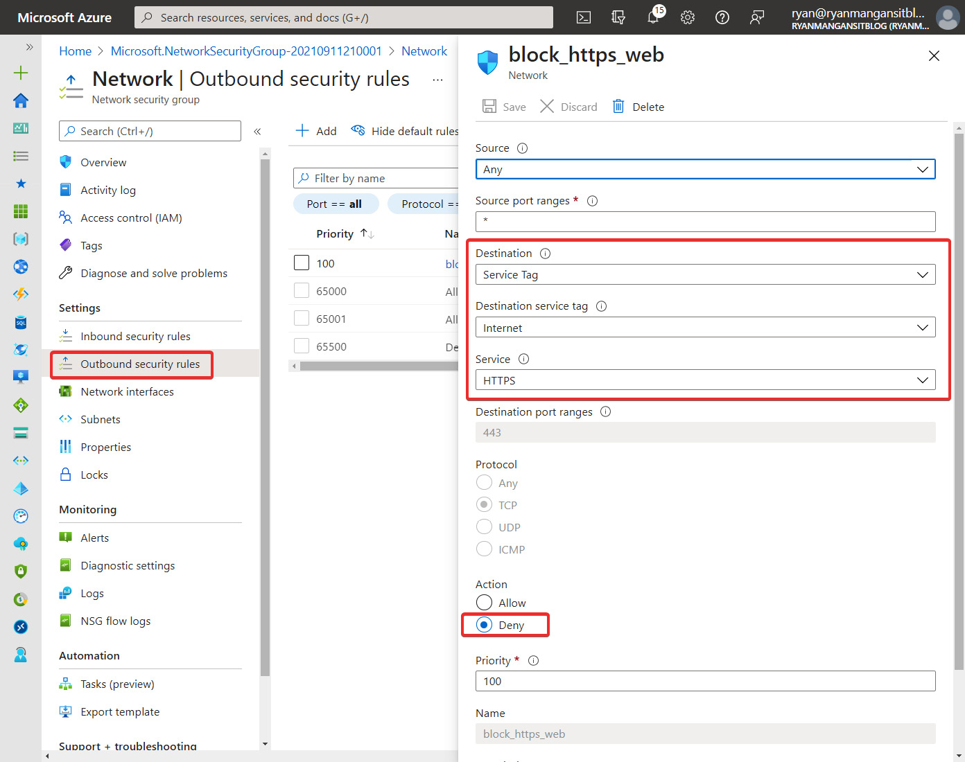 Figure 15.33 – Outbound security rules page of an NSG. What is also shown is the blade for adding a security rule to restrict HTTPS access to the internet