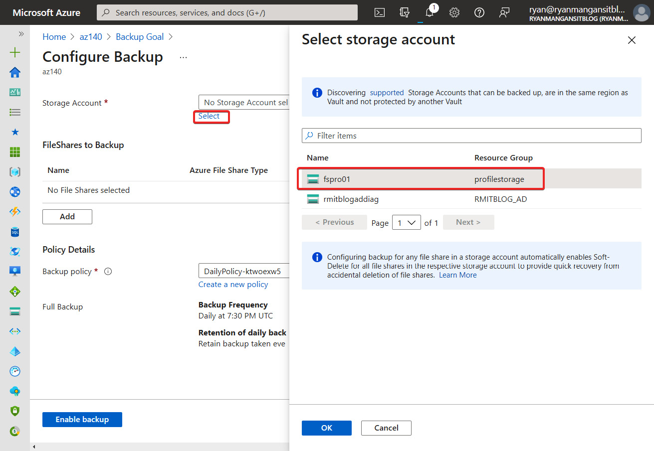 Figure 16.21 – Storage account selection for Backup
