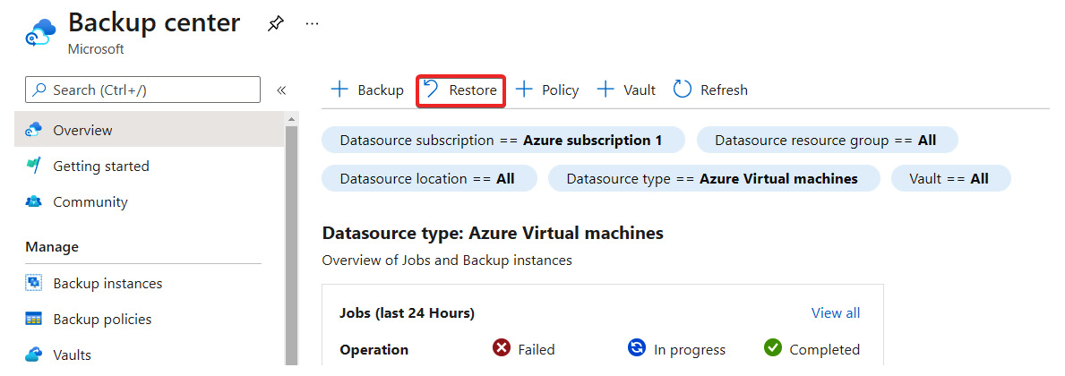 Figure 16.24 – Restore button highlighted within Backup center
