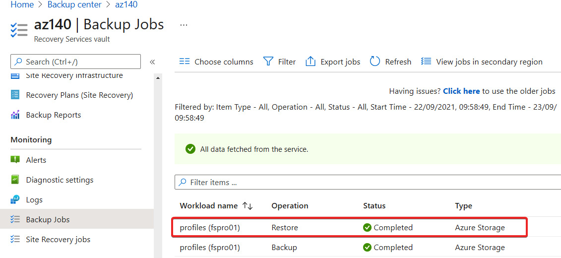 Figure 16.27 – The complete restore job for the Azure Files file share