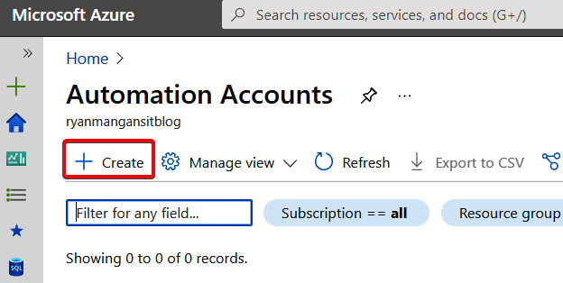 Figure 17.2 – Create button highlighted within Automation Accounts