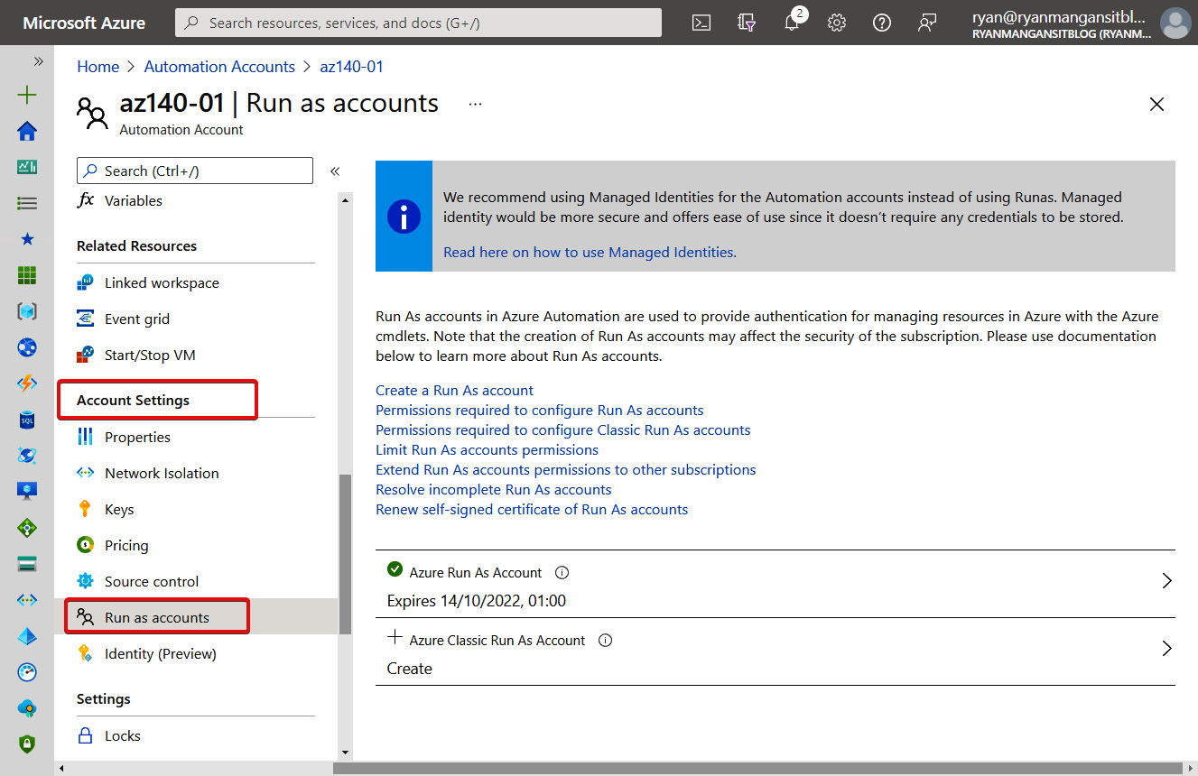 Figure 17.5 – The Run as accounts page within an automation account
