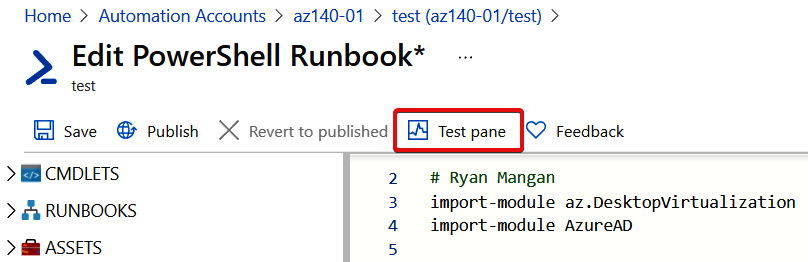 Figure 17.14 – Location of the Test pane button for testing a PowerShell runbook
