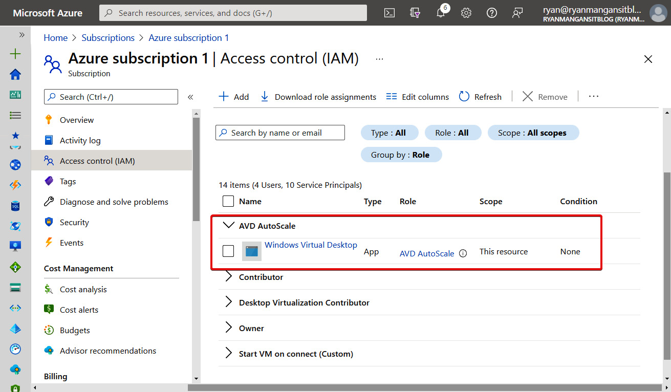 Figure 17.41 – Windows Virtual Desktop service added to the custom AVD autoscale role
