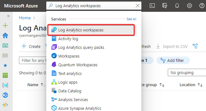Figure 18.1 – Search bar and the Log Analytics workspaces service