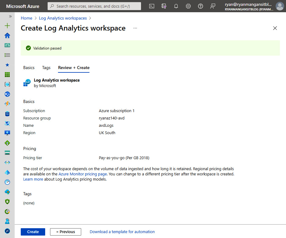 Figure 18.3 – Review + Create tab for the Create Log Analytics workspace page