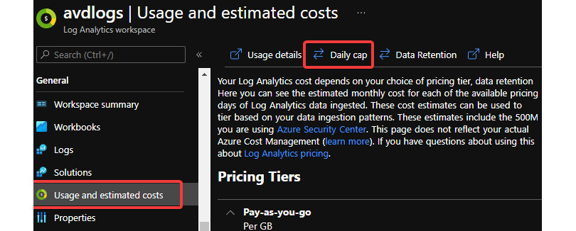 Figure 18.5 – Usage and estimated costs menu within a Log Analytics workspace