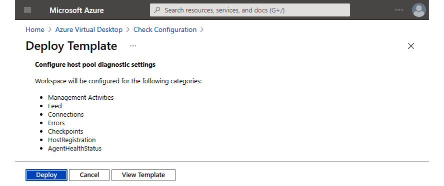 Figure 18.9 – Deploy Template page for configuring host pool diagnostic settings 

