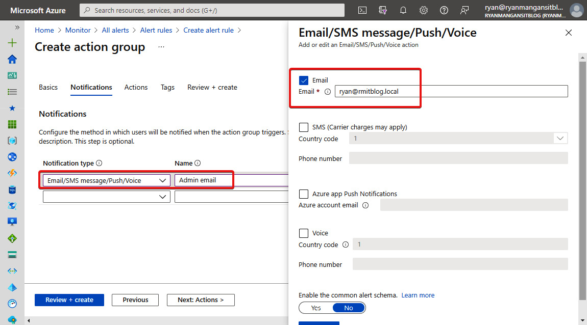 Figure 18.43 – Email configuration within the Notifications tab on the Create action group page