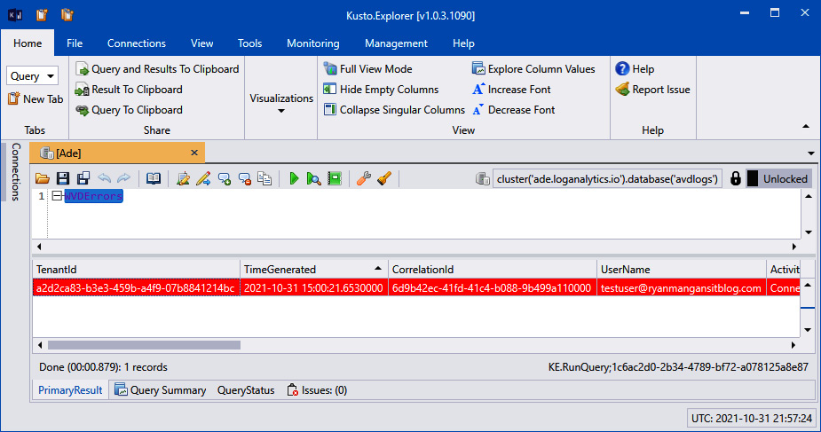 Figure 18.53 – Output of running the WVDErrors basic query within Kusto Explorer