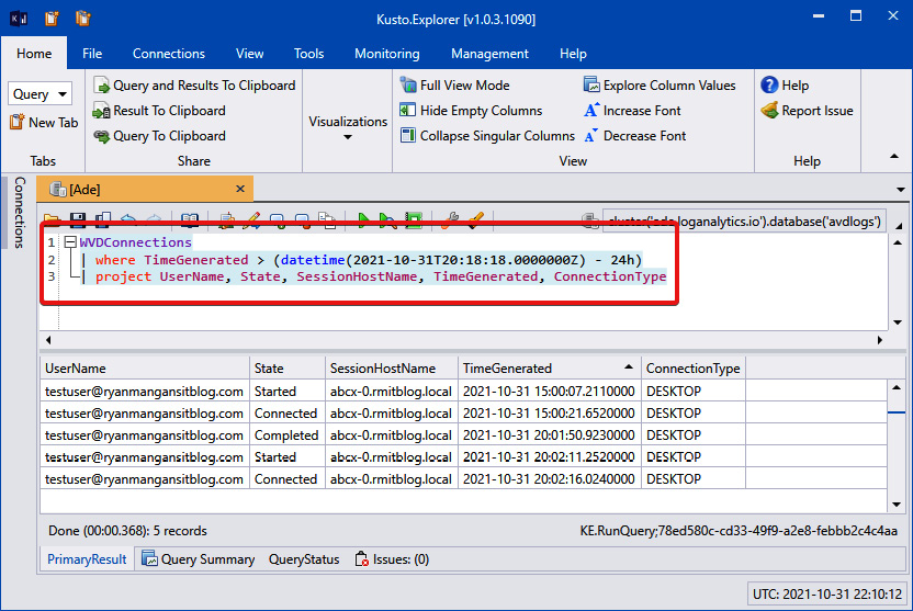 Figure 18.55 – WVDConnections query using project operator to select a few columns
