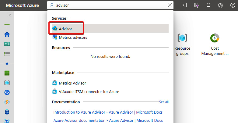Figure 18.57 – Advisor service within the Azure portal search bar
