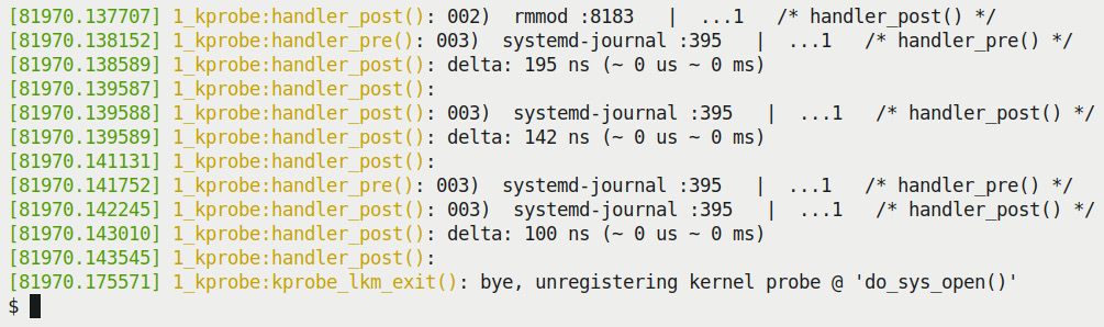 Figure 4.2 – Kprobes demo 1 – partial dmesg output
