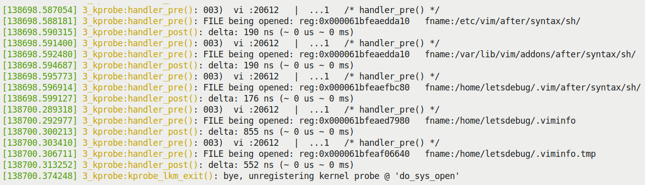 Figure 4.5 – Trailing portion of the dmesg kernel log buffer output from the 3_kprobe demo on an x86_64 VM (filtered to show only vi process context)
