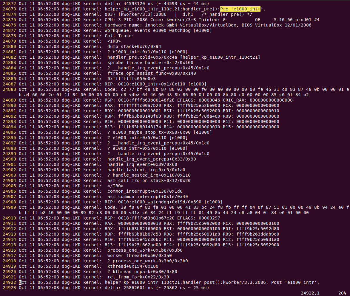 Figure 4.8 – (Partial) screenshot showing output from the kernel log as emitted by our helper script's custom kprobe within the pre-handler routine; the last two lines are from the post handler
