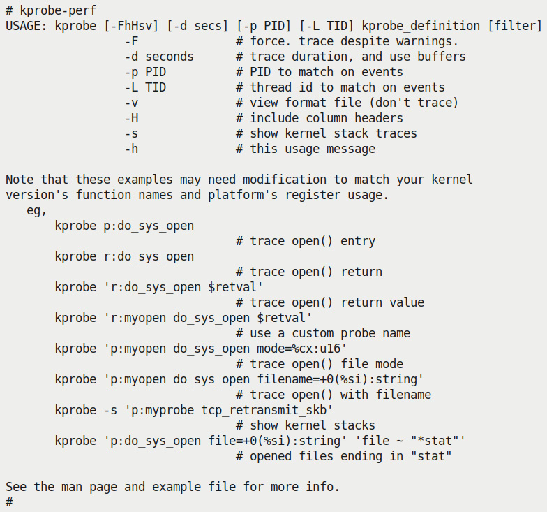 Figure 4.9 – Screenshot showing the help screen of the kprobe-perf script
