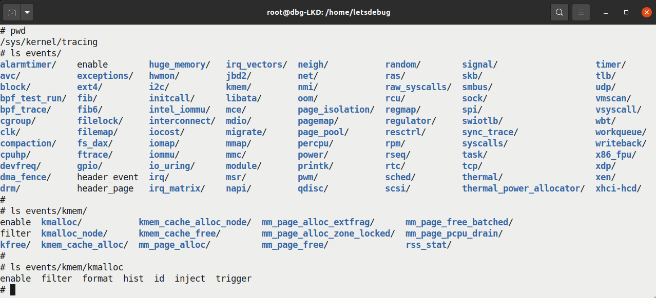 Figure 4.10 – Screenshot showing the kernel's event tracing - (pseudo) files and folders under /sys/kernel/tracing/events
