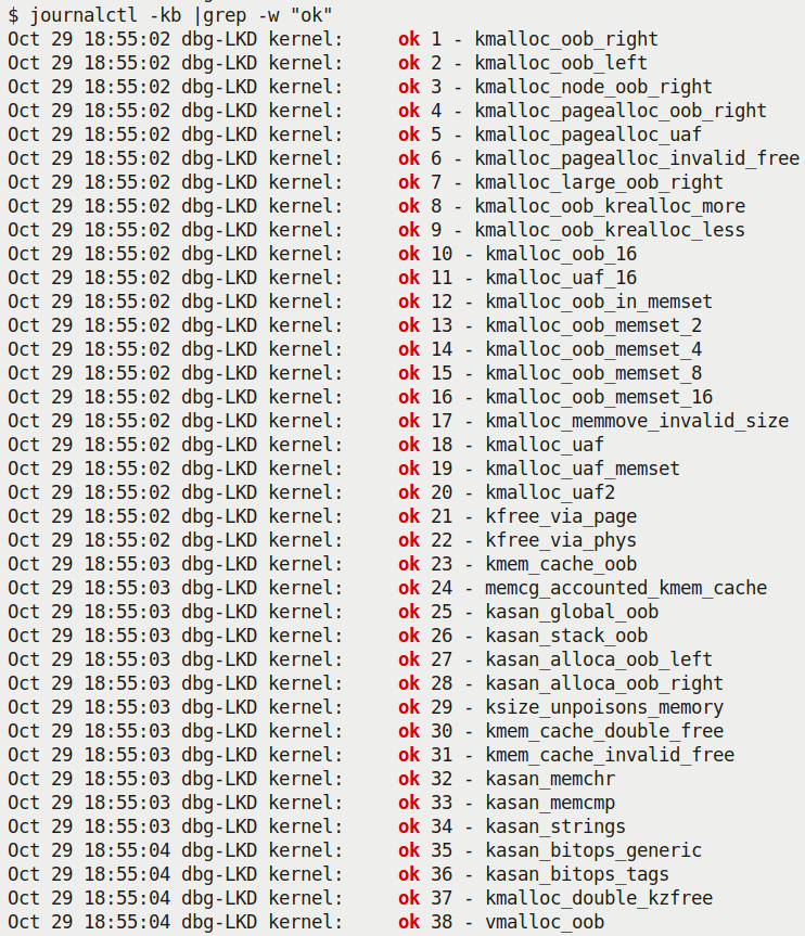 Figure 5.6 – Screenshot showing how the kernel's KUnit KASAN test case module has caught all 38 test cases with memory defects
