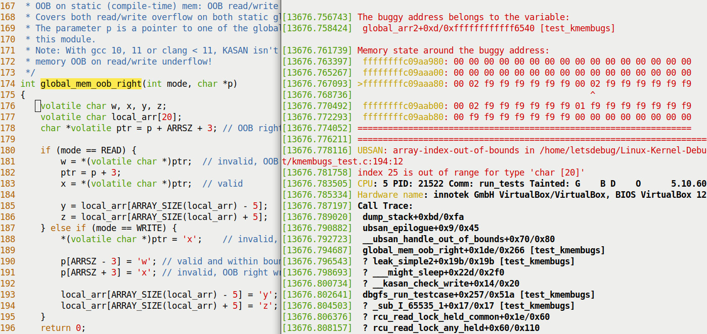 Figure 5.11 – Partial screenshot 1 of 3 showing UBSAN catching the right OOB write 
to a stack local variable
