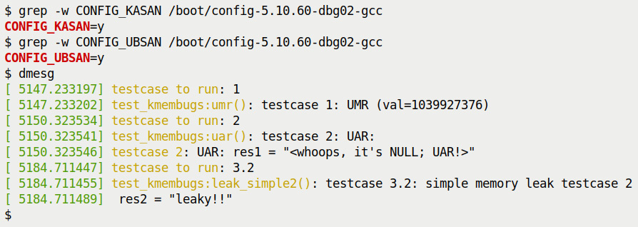 Figure 5.13 – Screenshot 3 of 3: executing the first three – UMR, UAR, and leakage – test cases with our test module reveals that both KASAN and UBSAN (enabled in kernel) don't catch them
