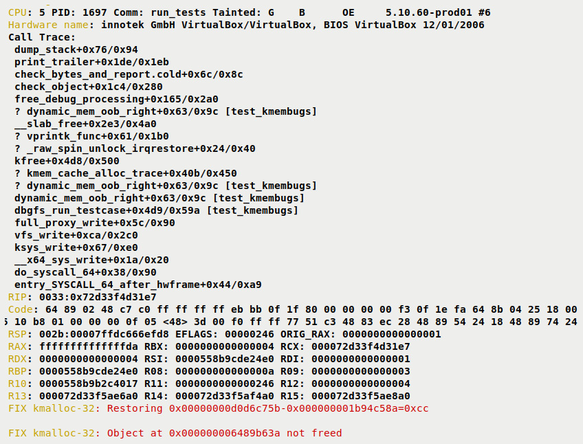 Figure 6.5 – Partial screenshot, 3 of 3, of the SLUB debug error report (continued) showing the process context, hardware, kernel stack trace, CPU register values, and FIX info
