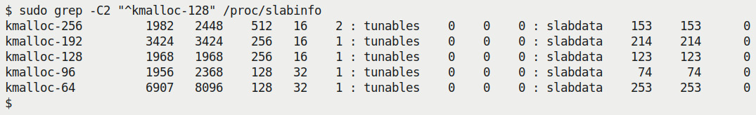 Figure 6.10 – A screenshot showing some data from /proc/slabinfo the slabdata columns being pertinent
