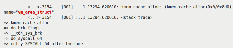 Figure 6.11 – Partial screenshot showing output from the kprobe-perf script with the kernel-mode stack showing the lead up to the kmem_cache_alloc() API for the VMA structure alloc
