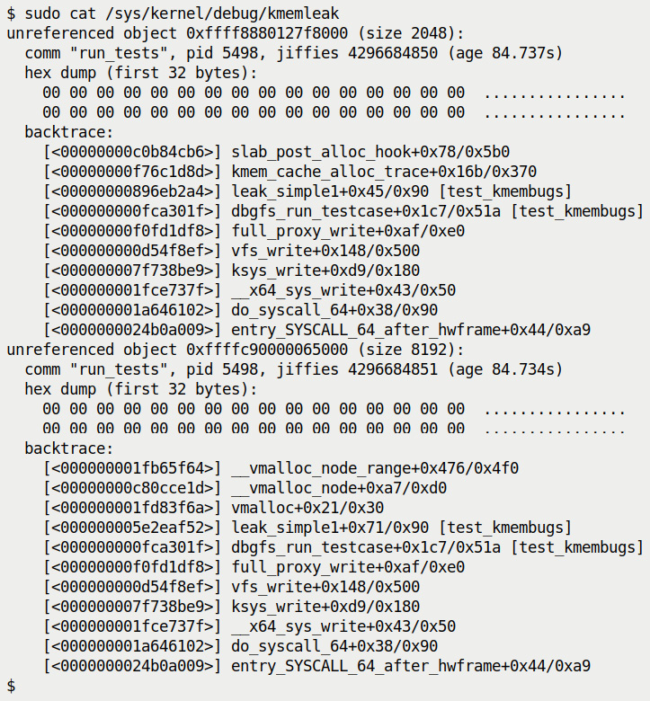 Figure 6.15 – kmemleak showing the memory leakage report for our test case #3.1
